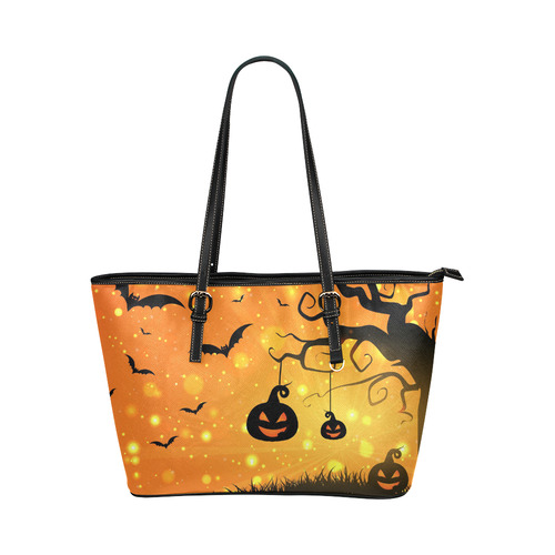 Cute Halloween Pumpkins Scary Black Bats Leather Tote Bag/Large (Model 1651)