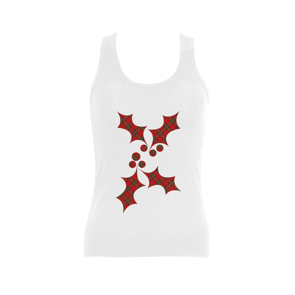 Red Tartan Plaid Pattern Christmas Holly Shape Women's Shoulder-Free Tank Top (Model T35)