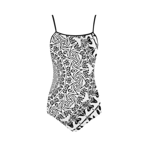 Deep black and white  mandala Strap Swimsuit ( Model S05)
