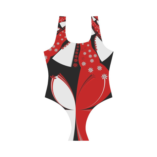 Quillt Flower Red White Vest One Piece Swimsuit (Model S04)
