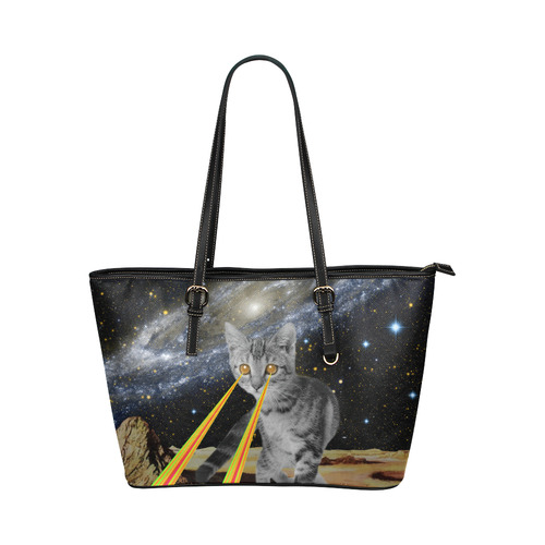 cat space Leather Tote Bag/Small (Model 1651)