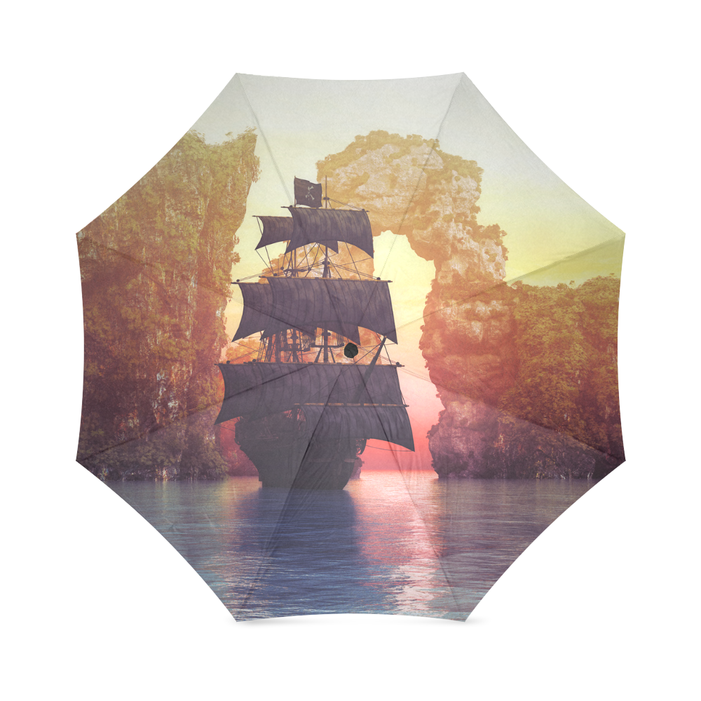 A pirate ship off an island at a sunset Foldable Umbrella (Model U01)