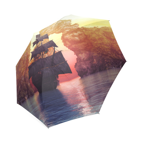A pirate ship off an island at a sunset Foldable Umbrella (Model U01)