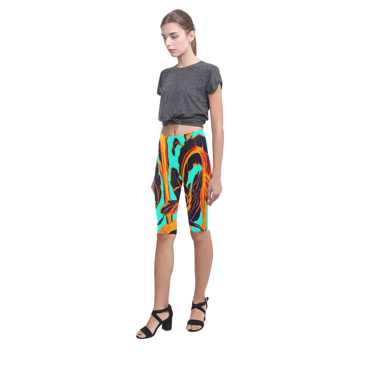 Blue Succulent fire teal Hestia Cropped Leggings (Model L03)