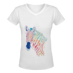 watercolor rainbow zebra Women's Deep V-neck T-shirt (Model T19)
