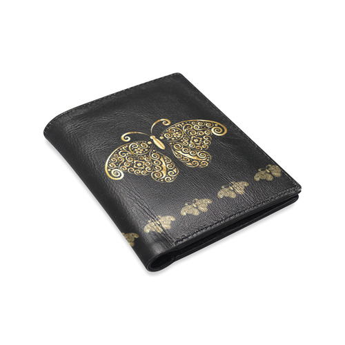 Golden Butterfly on Black Men's Leather Wallet (Model 1612)