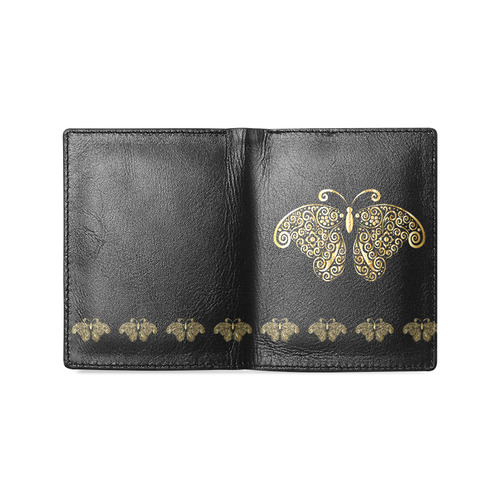 Golden Butterfly on Black Men's Leather Wallet (Model 1612)