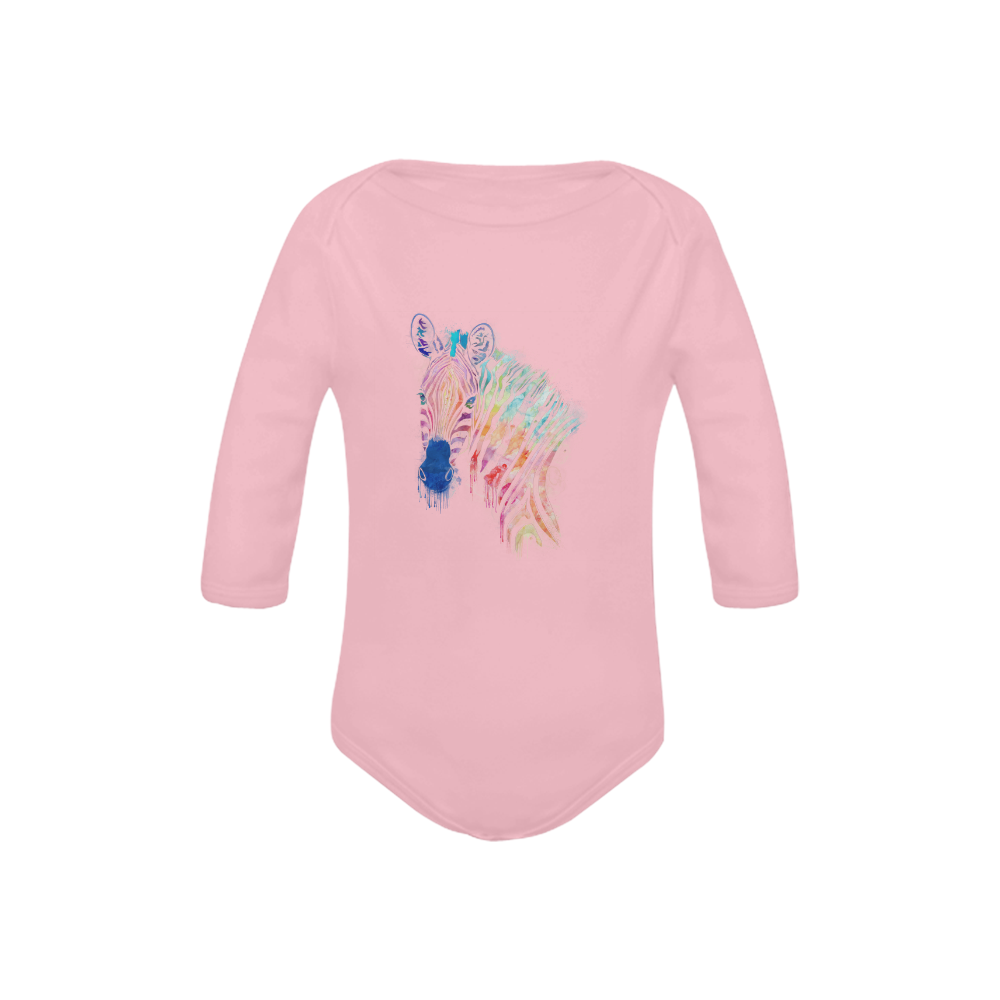 watercolor rainbow zebra Baby Powder Organic Long Sleeve One Piece (Model T27)