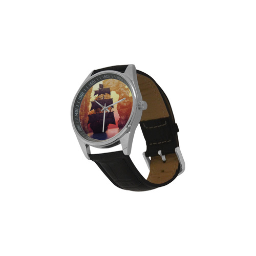 A pirate ship off an island at a sunset Men's Casual Leather Strap Watch(Model 211)