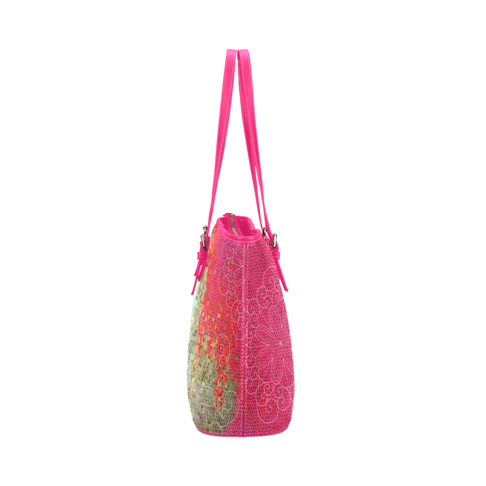Abstract in Pink & Blue with Mandala by ArtformDesigns Leather Tote Bag/Small (Model 1651)