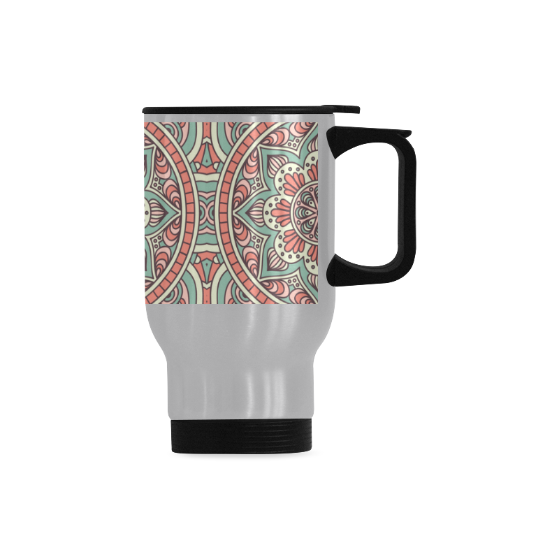 Red Bohemian Mandala Design Travel Mug (Silver) (14 Oz)