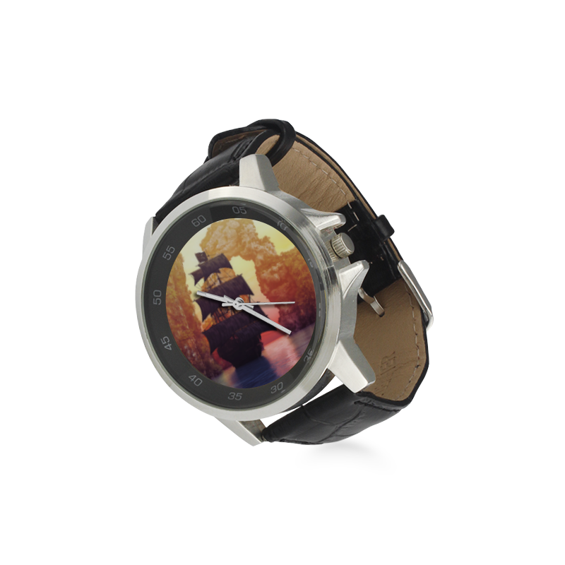 A pirate ship off an island at a sunset Unisex Stainless Steel Leather Strap Watch(Model 202)