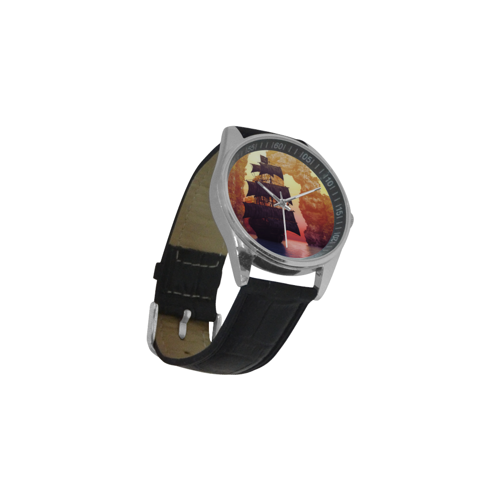 A pirate ship off an island at a sunset Men's Casual Leather Strap Watch(Model 211)