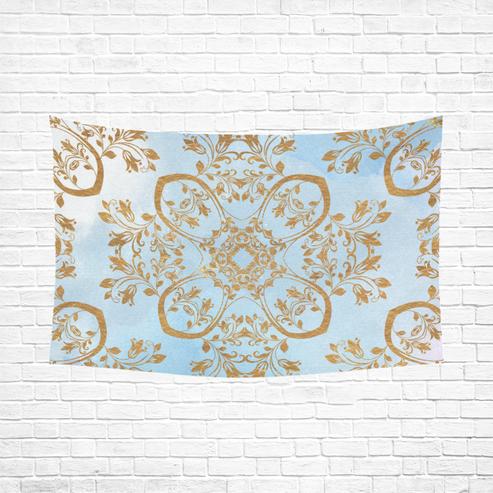 Gold and blue flourish ornament mandala Cotton Linen Wall Tapestry 90"x 60"