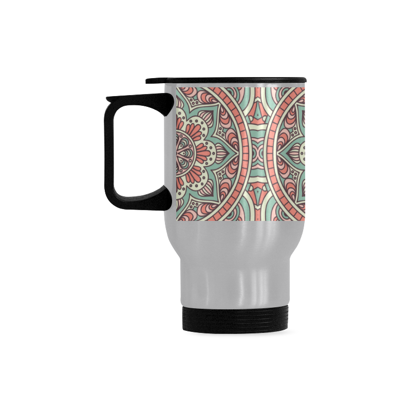 Red Bohemian Mandala Design Travel Mug (Silver) (14 Oz)