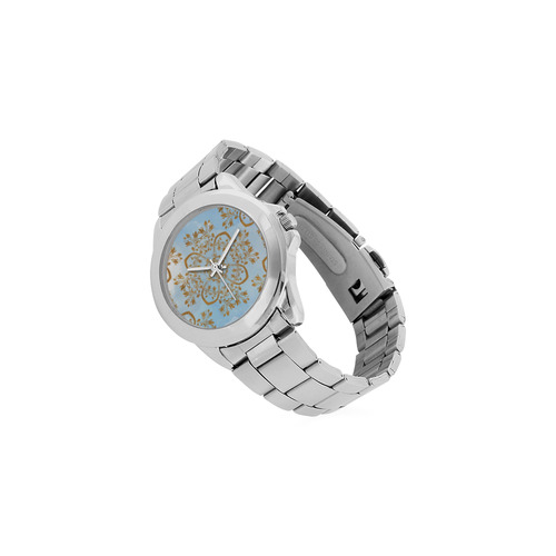 Gold and blue flourish ornament mandala Unisex Stainless Steel Watch(Model 103)