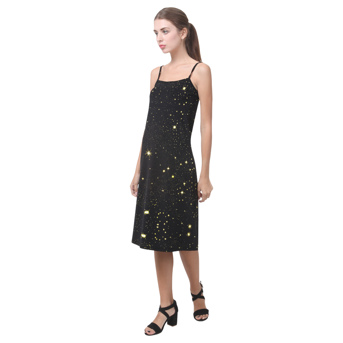 Christmas gold stars night sky Alcestis Slip Dress (Model D05)