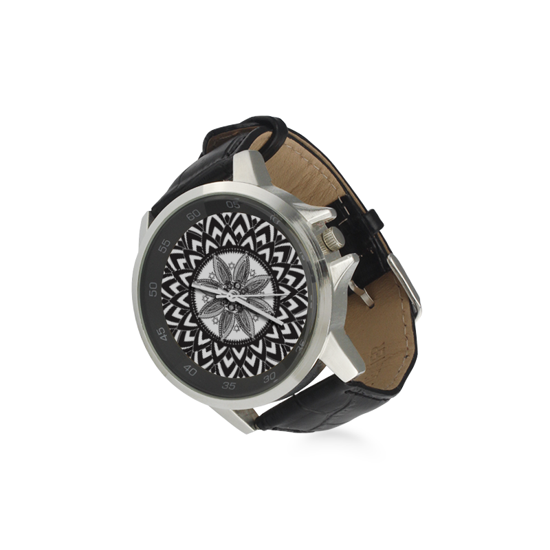 Black and white mandala Unisex Stainless Steel Leather Strap Watch(Model 202)