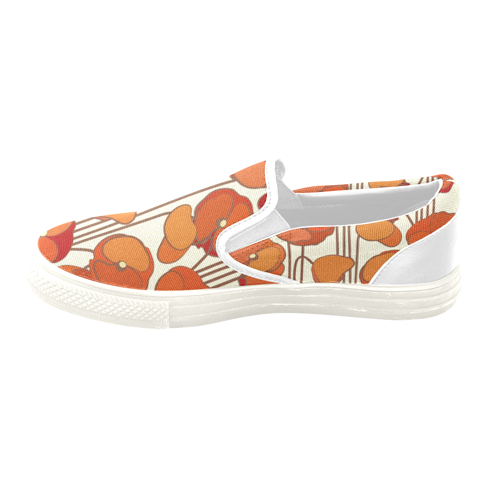 Red Poppies Vintage Art Deco Floral Women's Unusual Slip-on Canvas Shoes (Model 019)