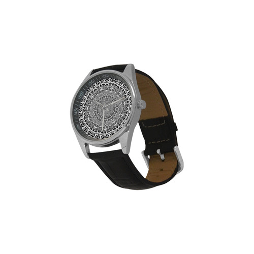 Deep black and white  mandala Men's Casual Leather Strap Watch(Model 211)