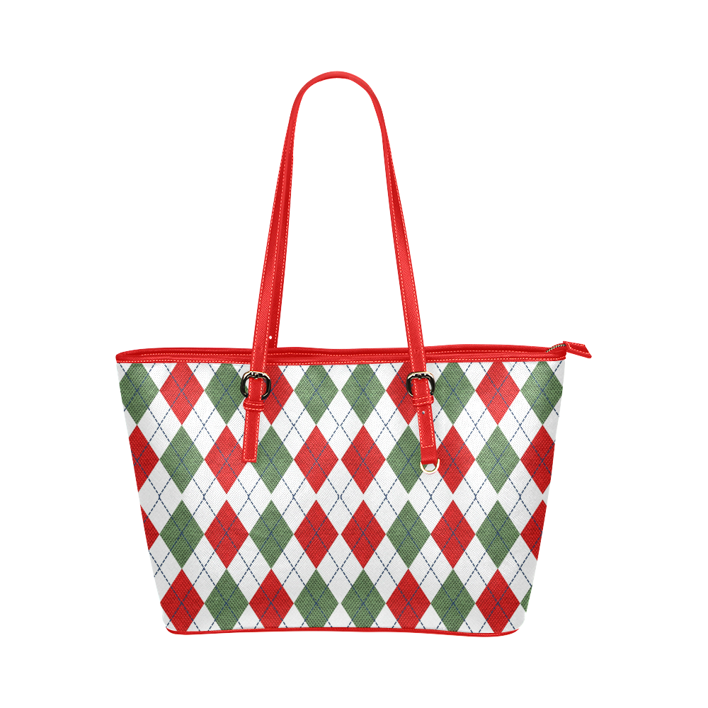 Christmas red and green rhomboid fabric Leather Tote Bag/Small (Model 1651)