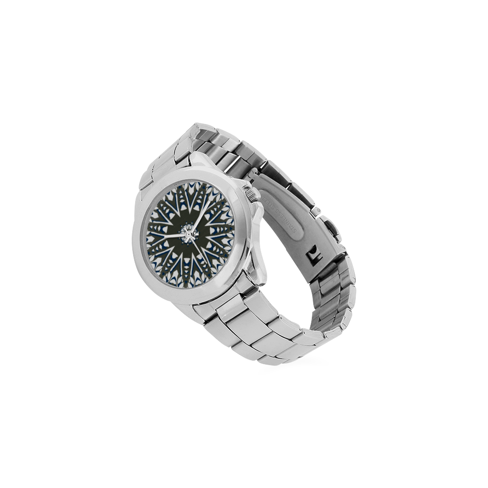 Blue, grey and white mandala Unisex Stainless Steel Watch(Model 103)