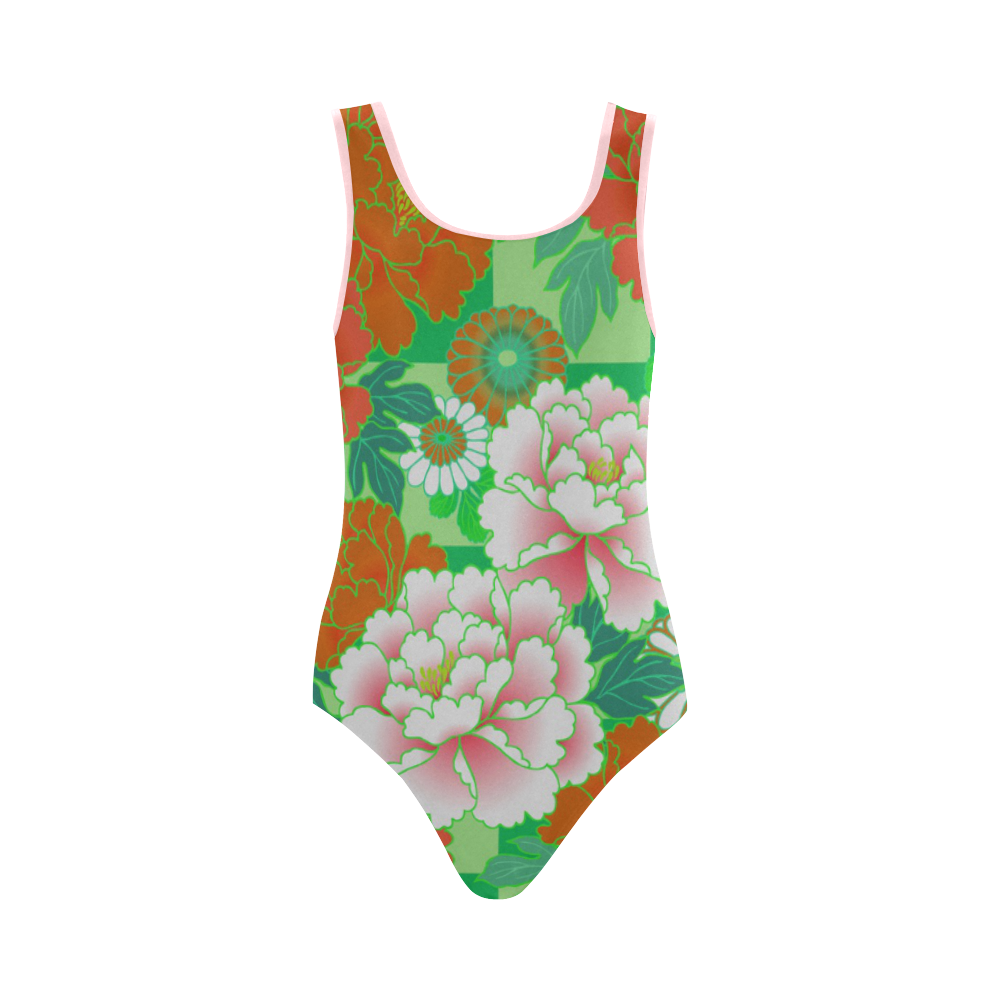 Vintage Japanese Floral Kimono Pattern Vest One Piece Swimsuit (Model ...