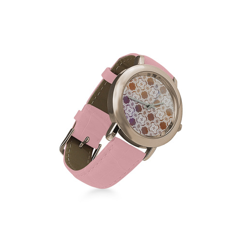 White  and gold watercolor mosaic mandala Women's Rose Gold Leather Strap Watch(Model 201)