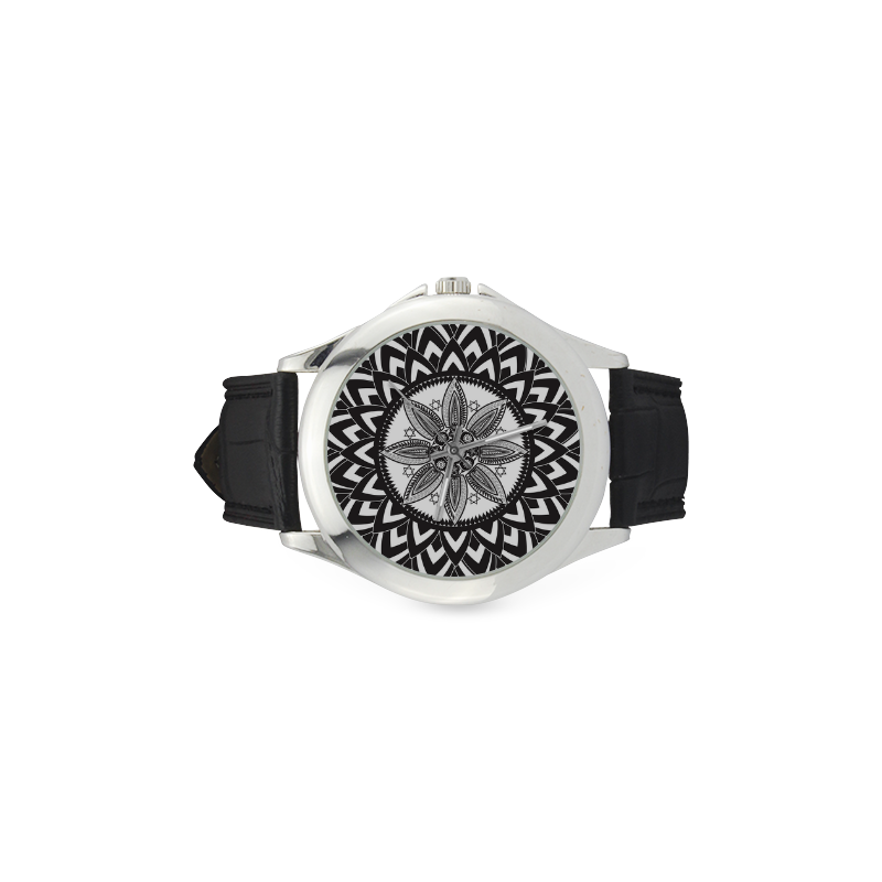 Black and white mandala Women's Classic Leather Strap Watch(Model 203)