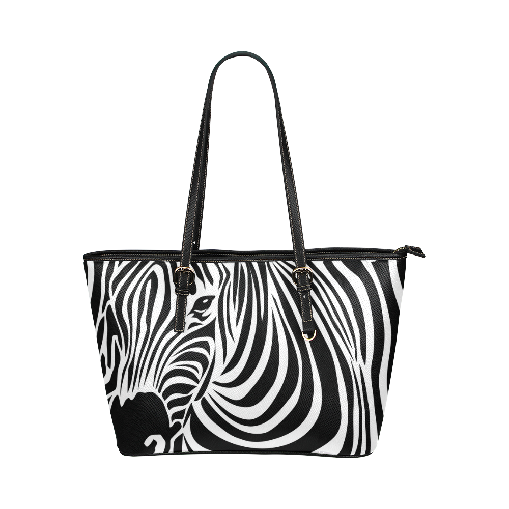 zebra opart, black and white Leather Tote Bag/Large (Model 1651)