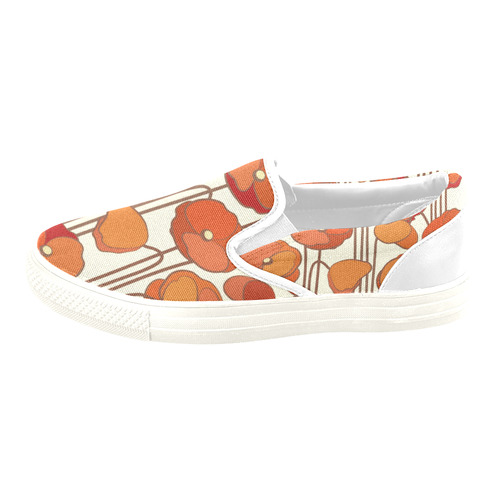 Red Poppies Vintage Art Deco Floral Women's Unusual Slip-on Canvas Shoes (Model 019)