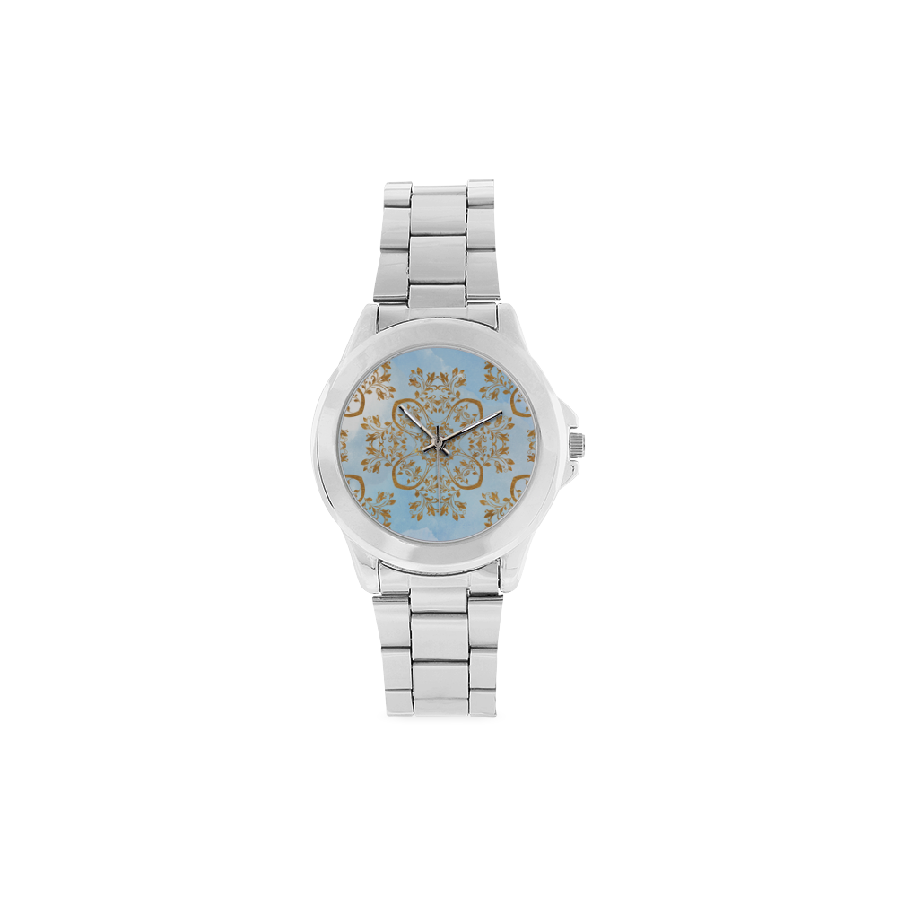 Gold and blue flourish ornament mandala Unisex Stainless Steel Watch(Model 103)