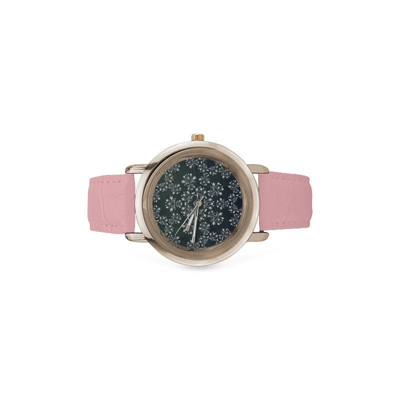 White and gray Flourish ornament mandala design Women's Rose Gold Leather Strap Watch(Model 201)