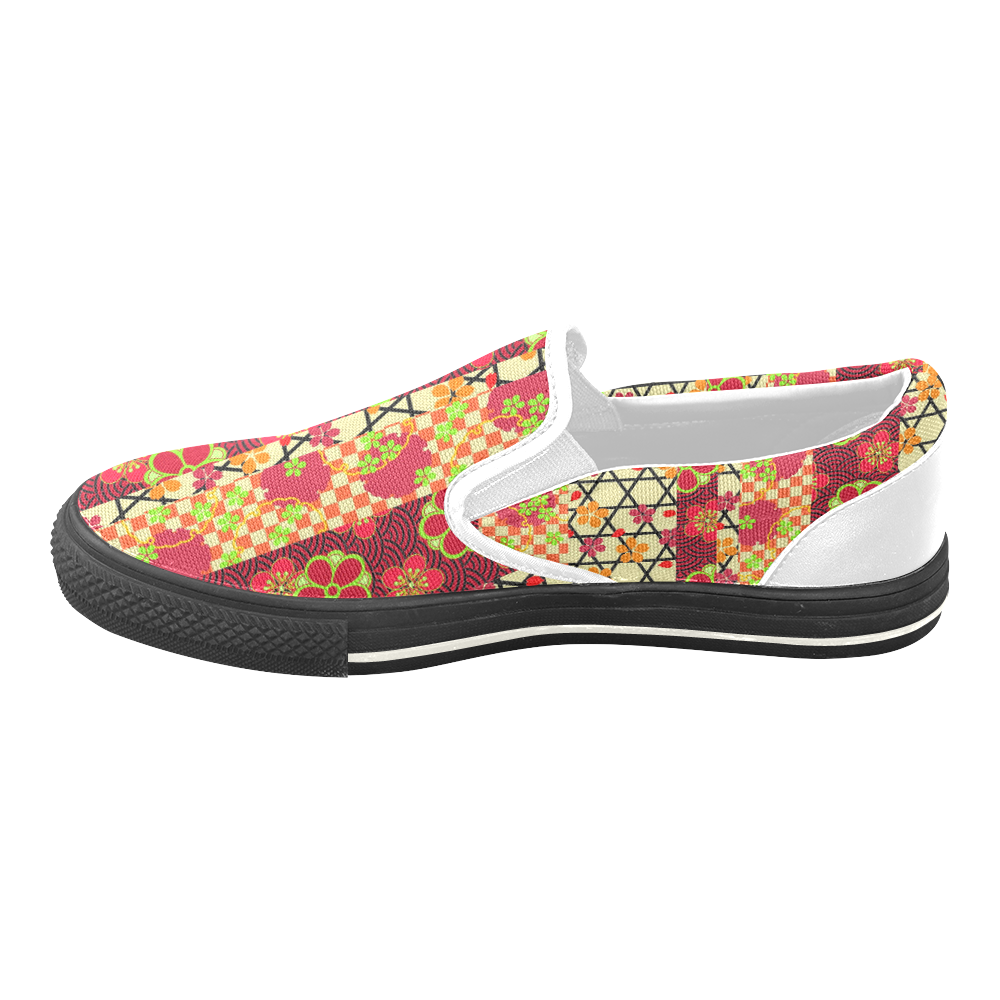 Red Gold Vintage Japanese Kimono Pattern Women's Unusual Slip-on Canvas Shoes (Model 019)