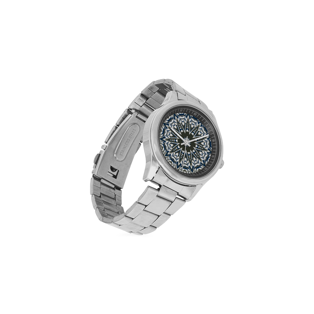 Blue, grey and white mandala Men's Stainless Steel Watch(Model 104)