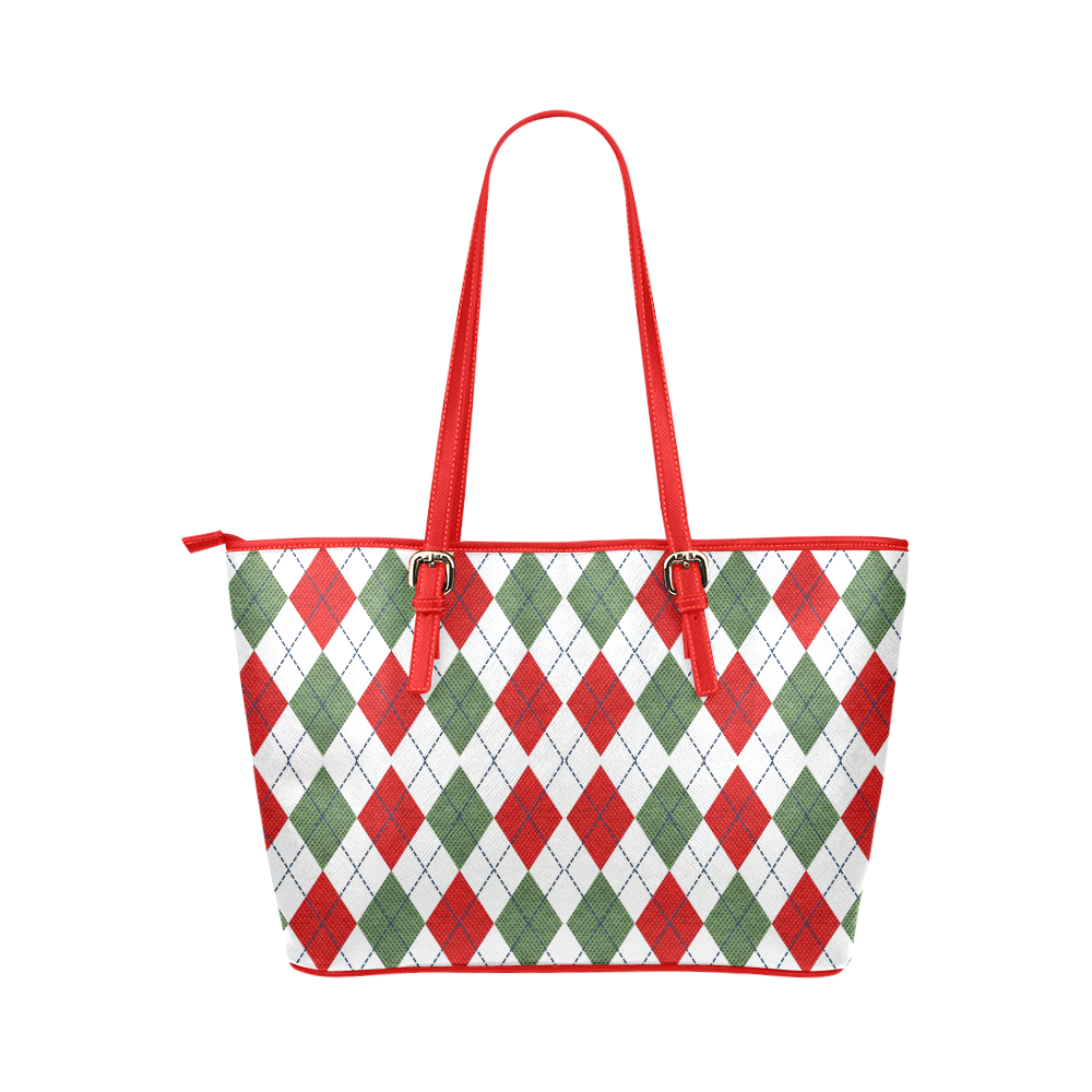 Christmas red and green rhomboid fabric Leather Tote Bag/Small (Model 1651)