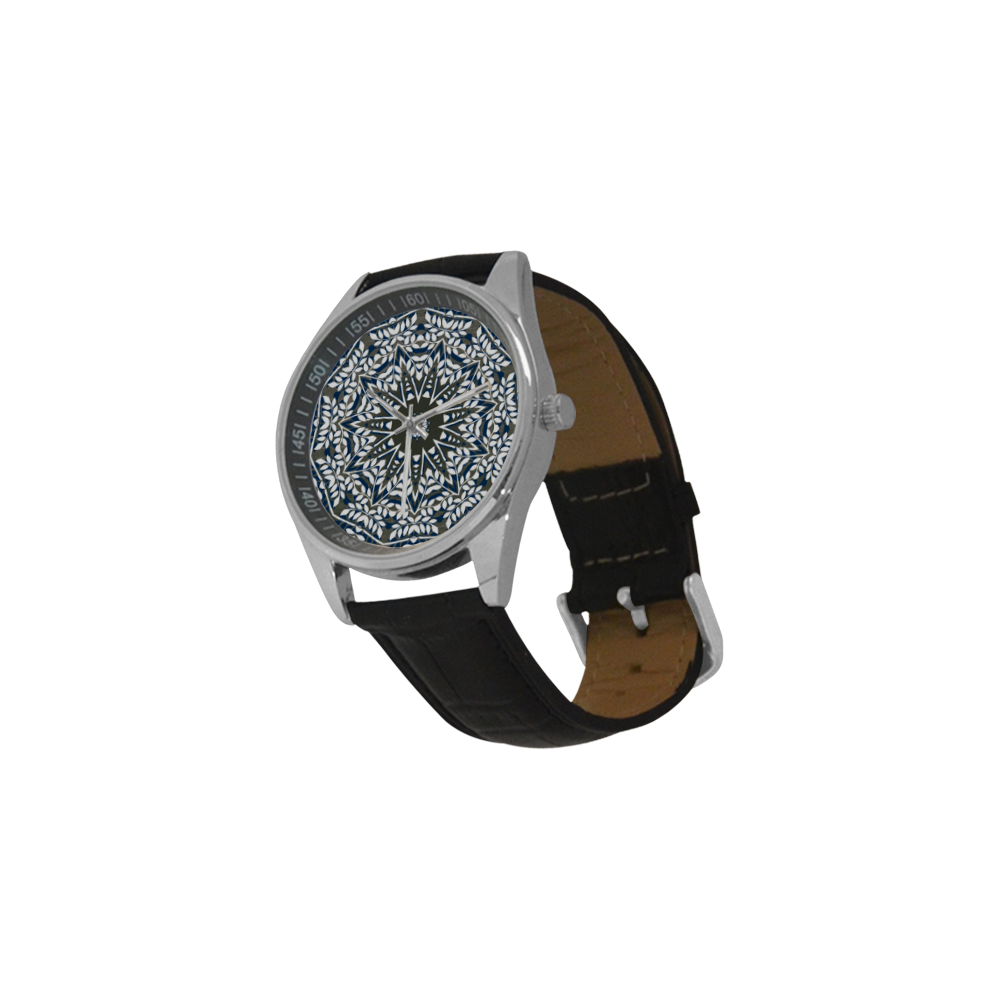 Blue, grey and white mandala Men's Casual Leather Strap Watch(Model 211)