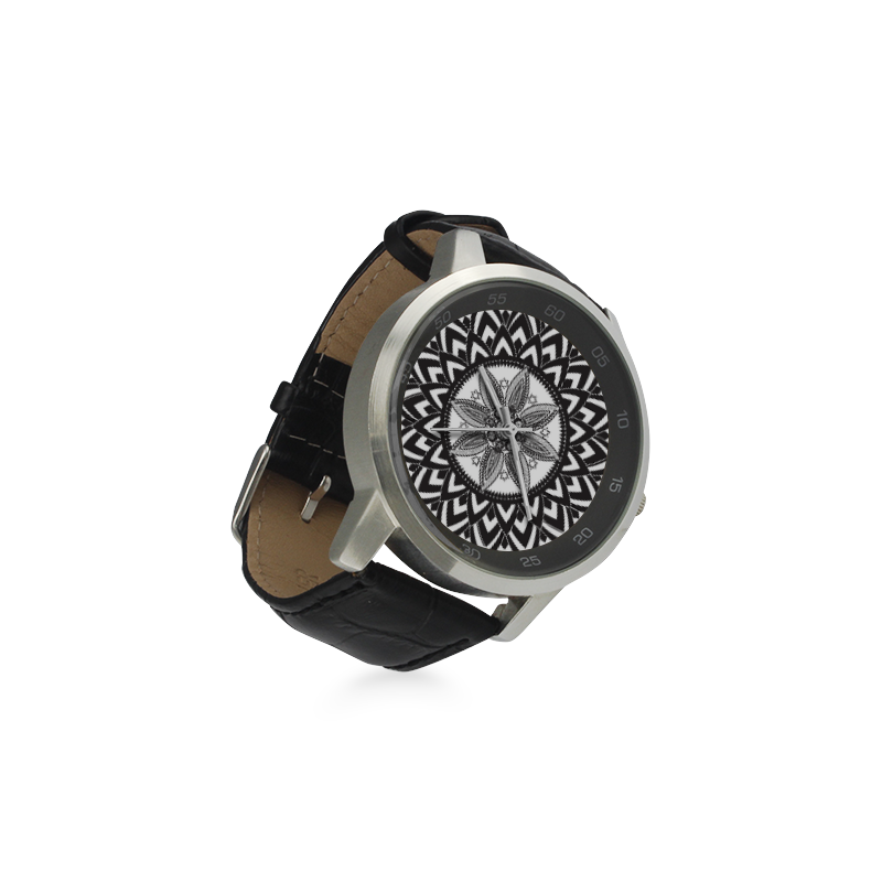 Black and white mandala Unisex Stainless Steel Leather Strap Watch(Model 202)