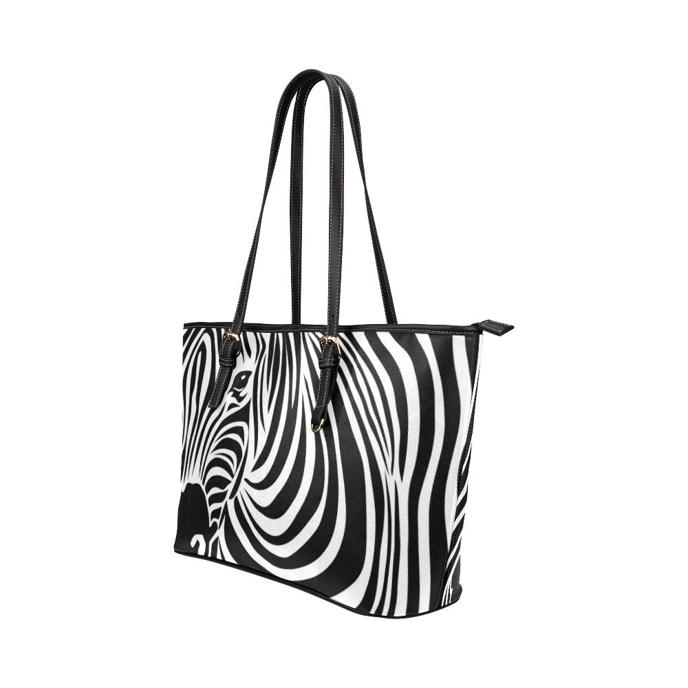 zebra opart, black and white Leather Tote Bag/Large (Model 1651)