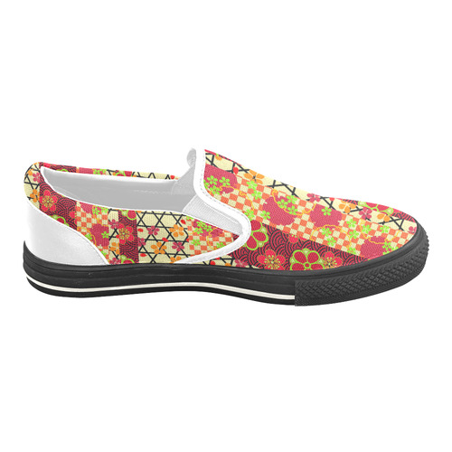 Red Gold Vintage Japanese Kimono Pattern Women's Unusual Slip-on Canvas Shoes (Model 019)