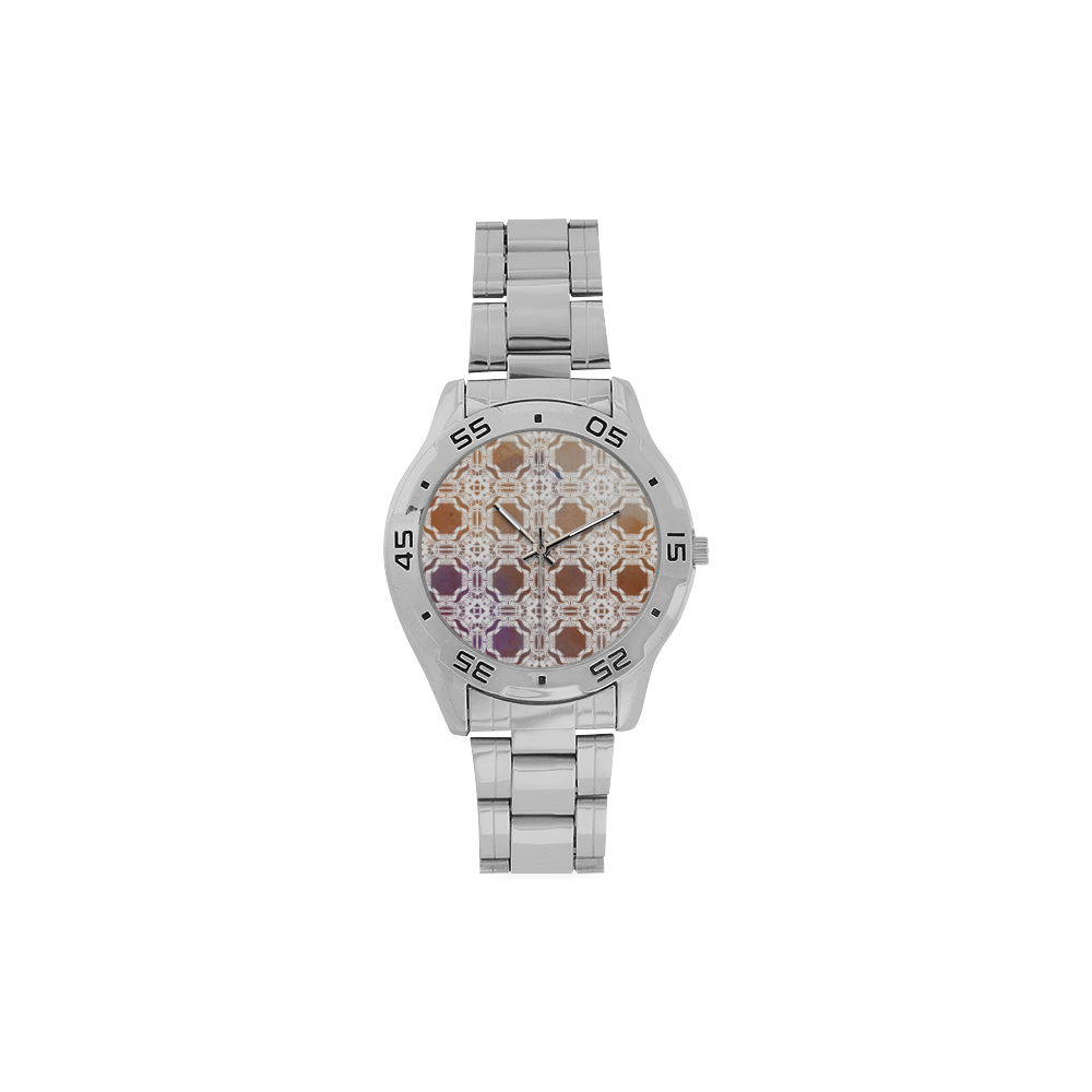 White  and gold watercolor mosaic mandala Men's Stainless Steel Analog Watch(Model 108)