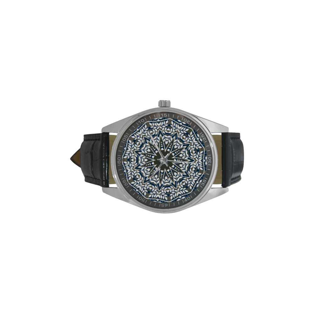 Blue, grey and white mandala Men's Casual Leather Strap Watch(Model 211)