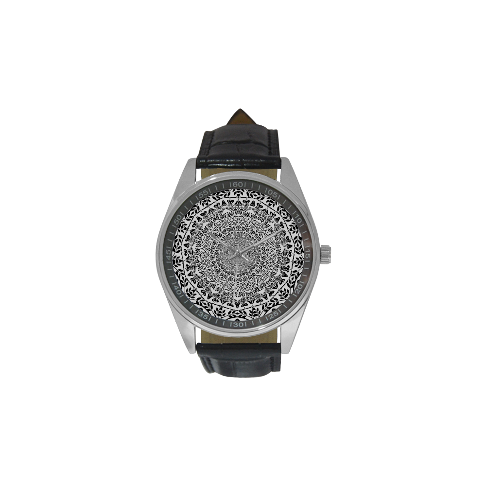 Deep black and white  mandala Men's Casual Leather Strap Watch(Model 211)