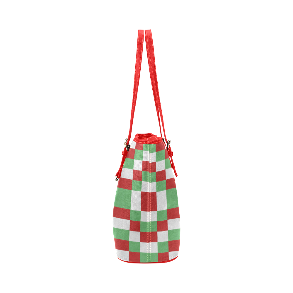 Christmas red and green pattern fabric Leather Tote Bag/Small (Model 1651)