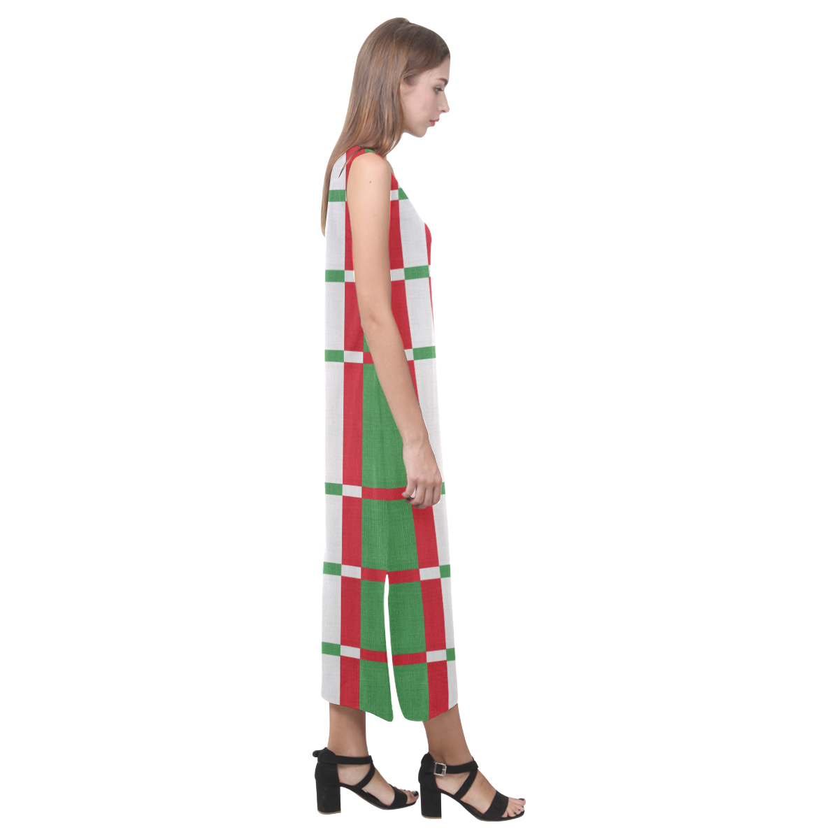 Christmas red and green pattern Phaedra Sleeveless Open Fork Long Dress (Model D08)