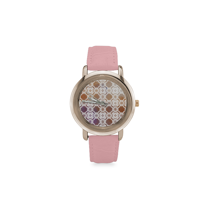 White  and gold watercolor mosaic mandala Women's Rose Gold Leather Strap Watch(Model 201)