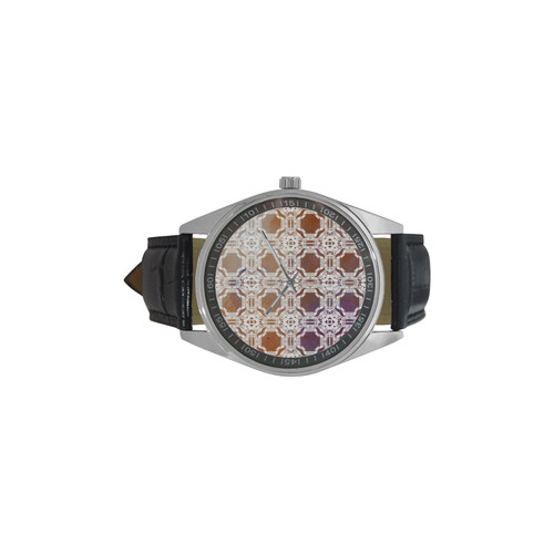 White  and gold watercolor mosaic mandala Men's Casual Leather Strap Watch(Model 211)