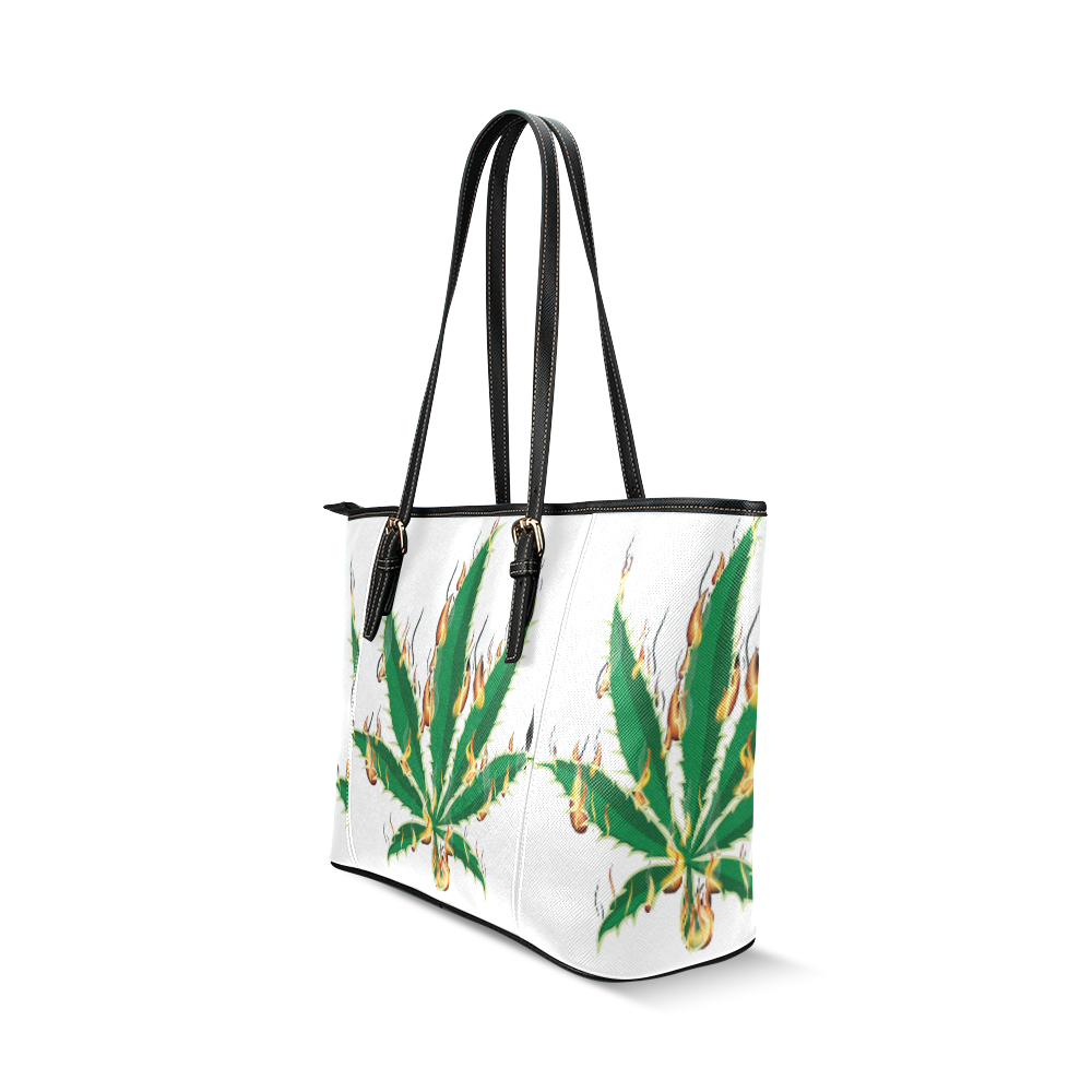 Flaming Marijuana Leaf Leather Tote Bag/Large (Model 1640)