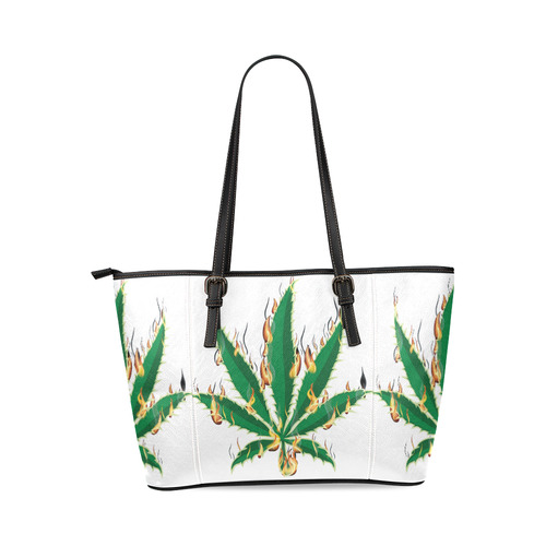 Flaming Marijuana Leaf Leather Tote Bag/Large (Model 1640)