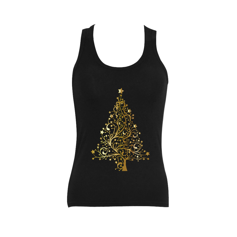 Beautiful Golden Christmas Tree Women's Shoulder-Free Tank Top (Model T35)